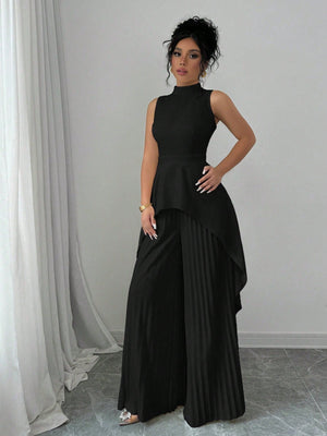 2pcs Solid Stand Collar Sleeveless High - Low Hem Top & Pleated Long Pants Set For Women - Negative Apparel