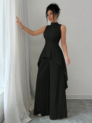 2pcs Solid Stand Collar Sleeveless High - Low Hem Top & Pleated Long Pants Set For Women - Negative Apparel