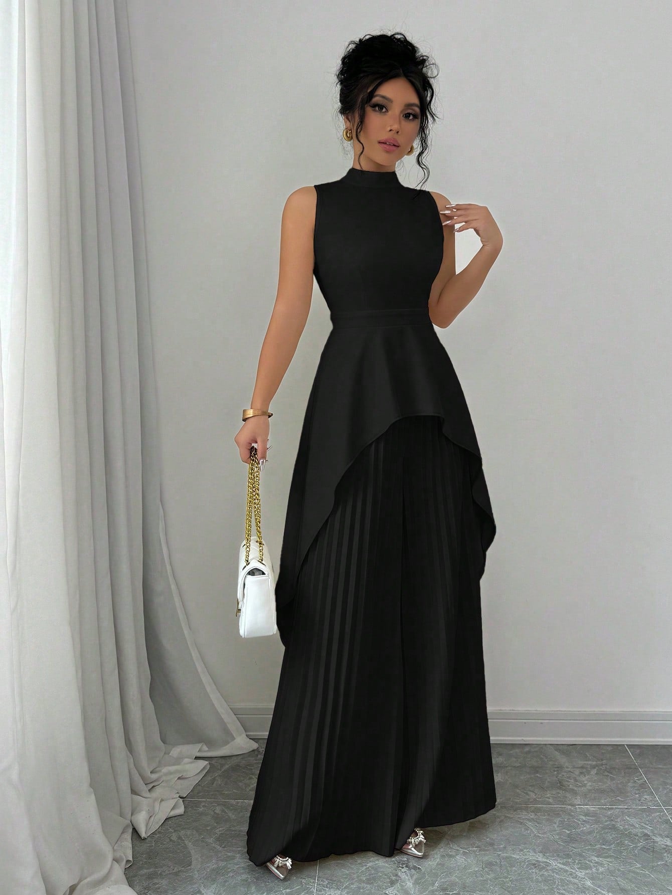 2pcs Solid Stand Collar Sleeveless High - Low Hem Top & Pleated Long Pants Set For Women - Negative Apparel