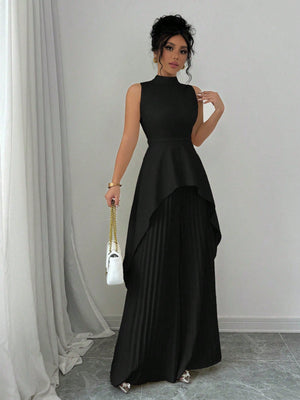 2pcs Solid Stand Collar Sleeveless High - Low Hem Top & Pleated Long Pants Set For Women - Negative Apparel