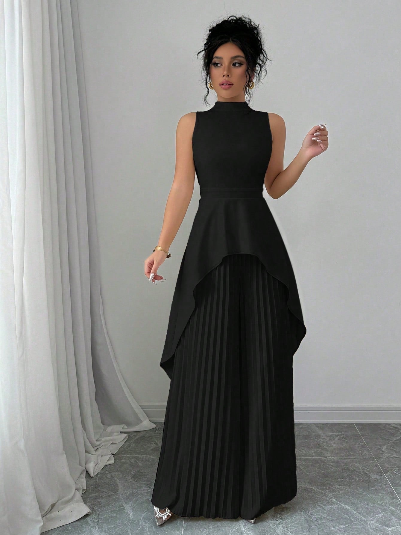 2pcs Solid Stand Collar Sleeveless High - Low Hem Top & Pleated Long Pants Set For Women - Negative Apparel