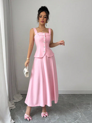 2pcs Women Elegant Single - Breasted Camisole And Mini Skirt Set - Negative Apparel