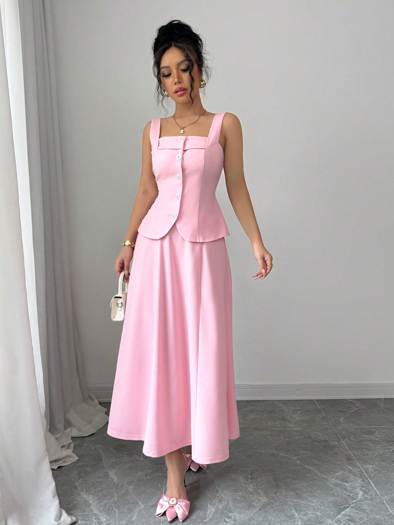 2pcs Women Elegant Single - Breasted Camisole And Mini Skirt Set - Negative Apparel