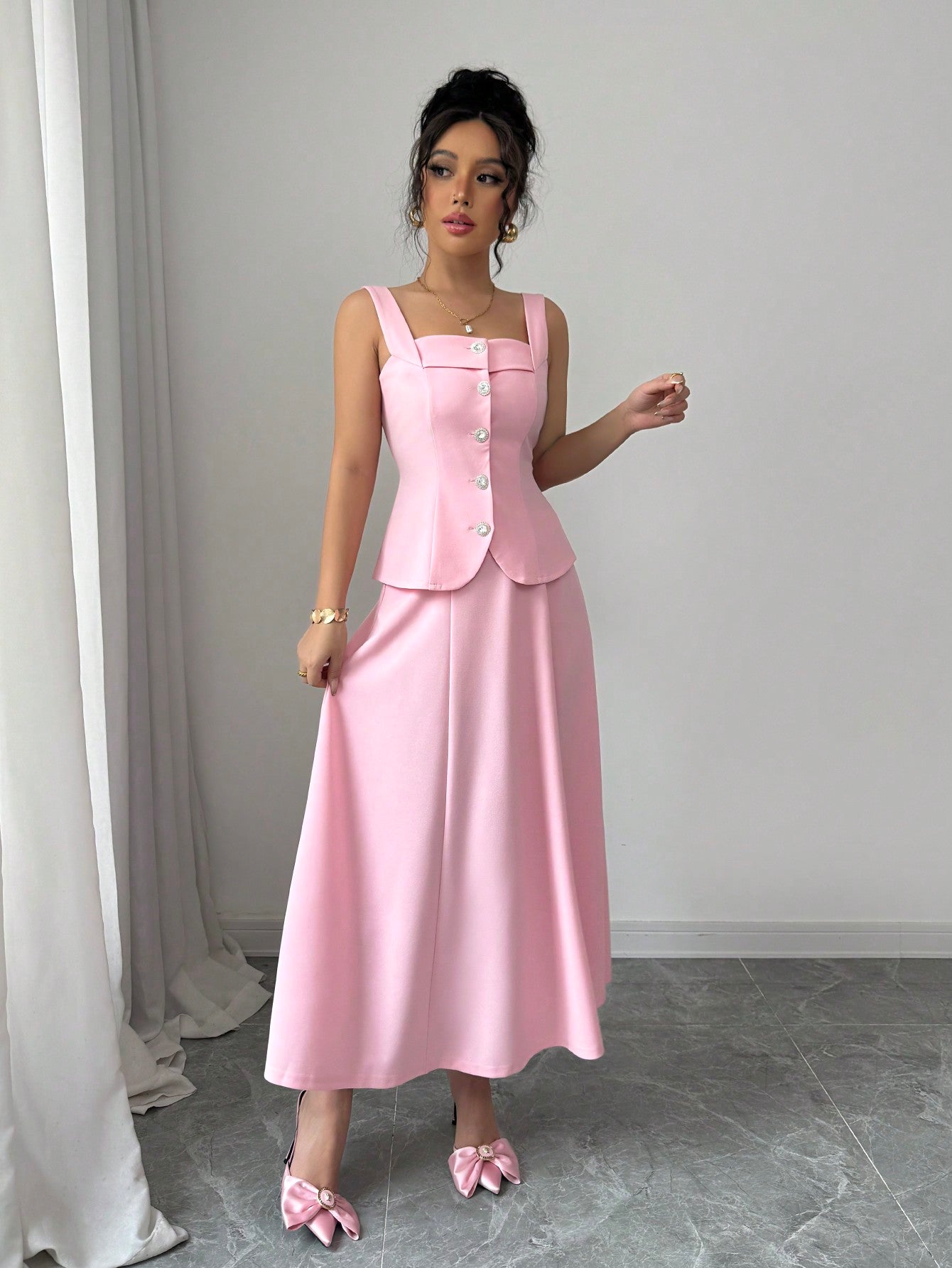 2pcs Women Elegant Single - Breasted Camisole And Mini Skirt Set - Negative Apparel