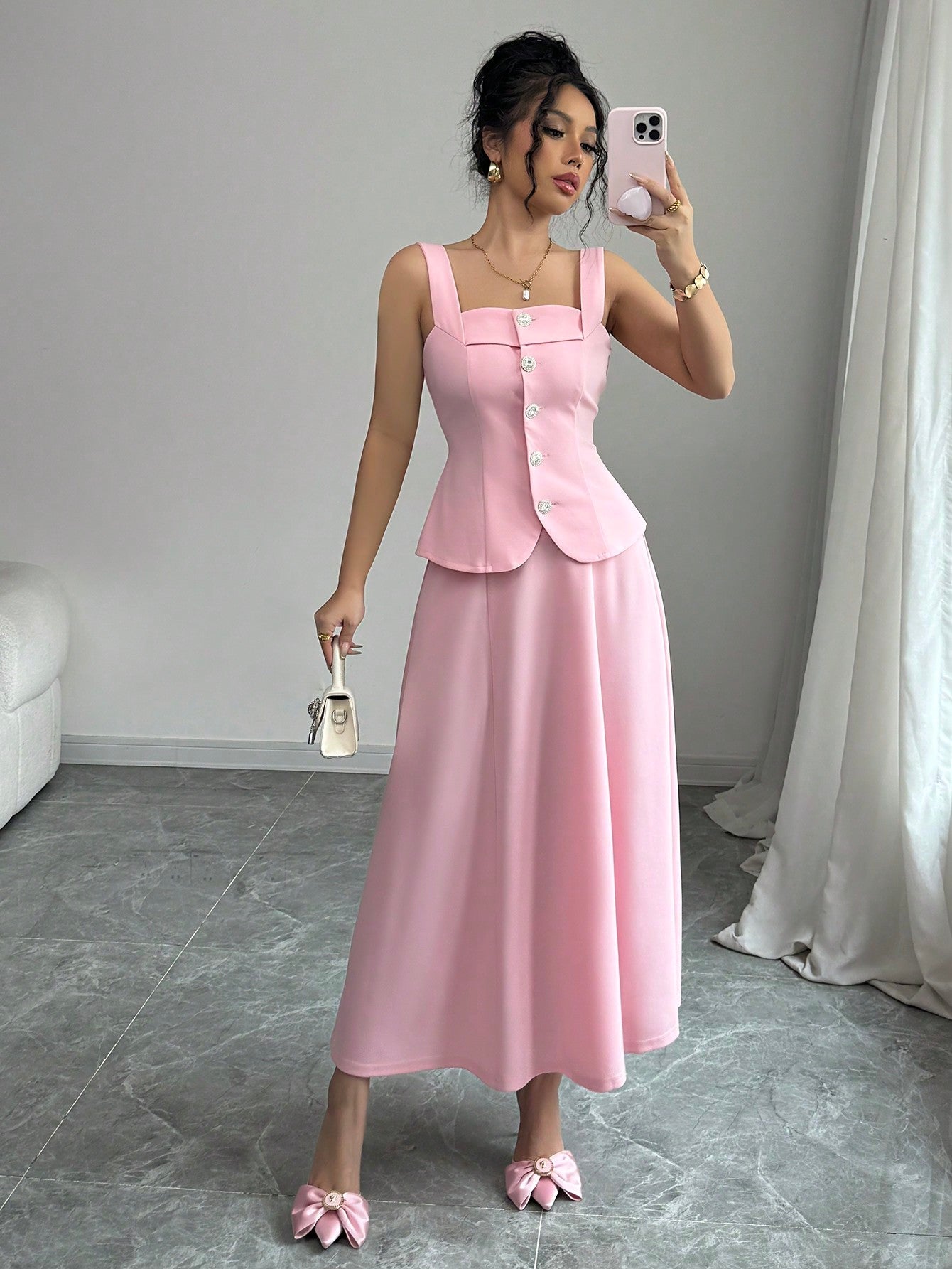 2pcs Women Elegant Single - Breasted Camisole And Mini Skirt Set - Negative Apparel