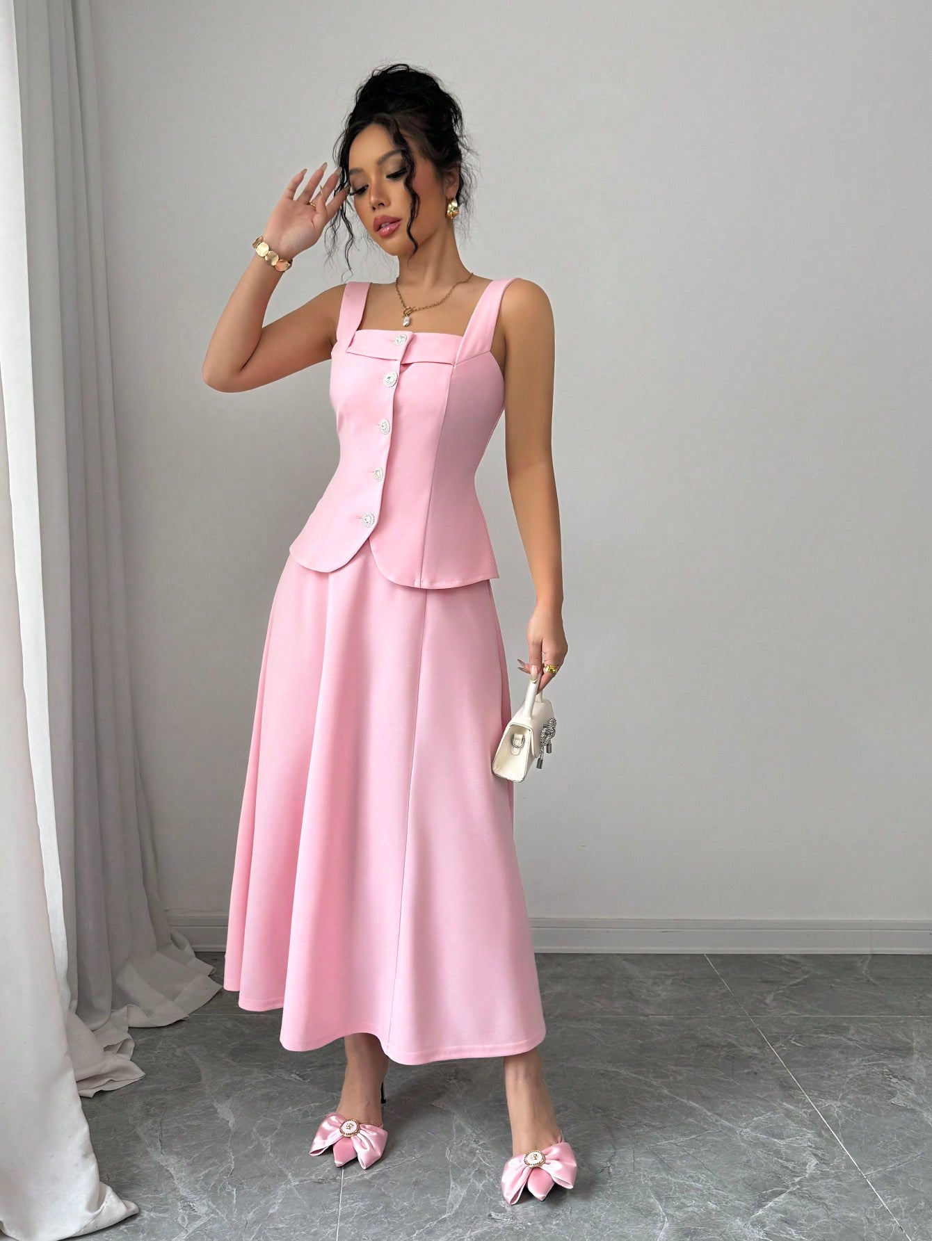 2pcs Women Elegant Single - Breasted Camisole And Mini Skirt Set - Negative Apparel