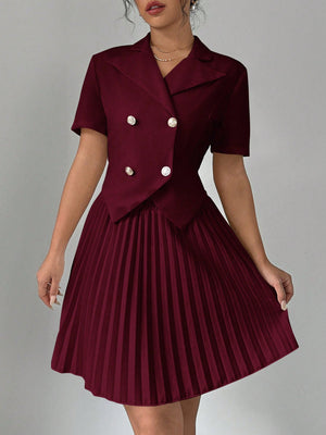 2pcs Women Elegant Solid Polo Collar Short Sleeve Double Breasted Top And Pleated Mini Skirt Set - Negative Apparel