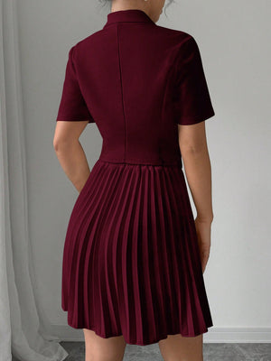 2pcs Women Elegant Solid Polo Collar Short Sleeve Double Breasted Top And Pleated Mini Skirt Set - Negative Apparel