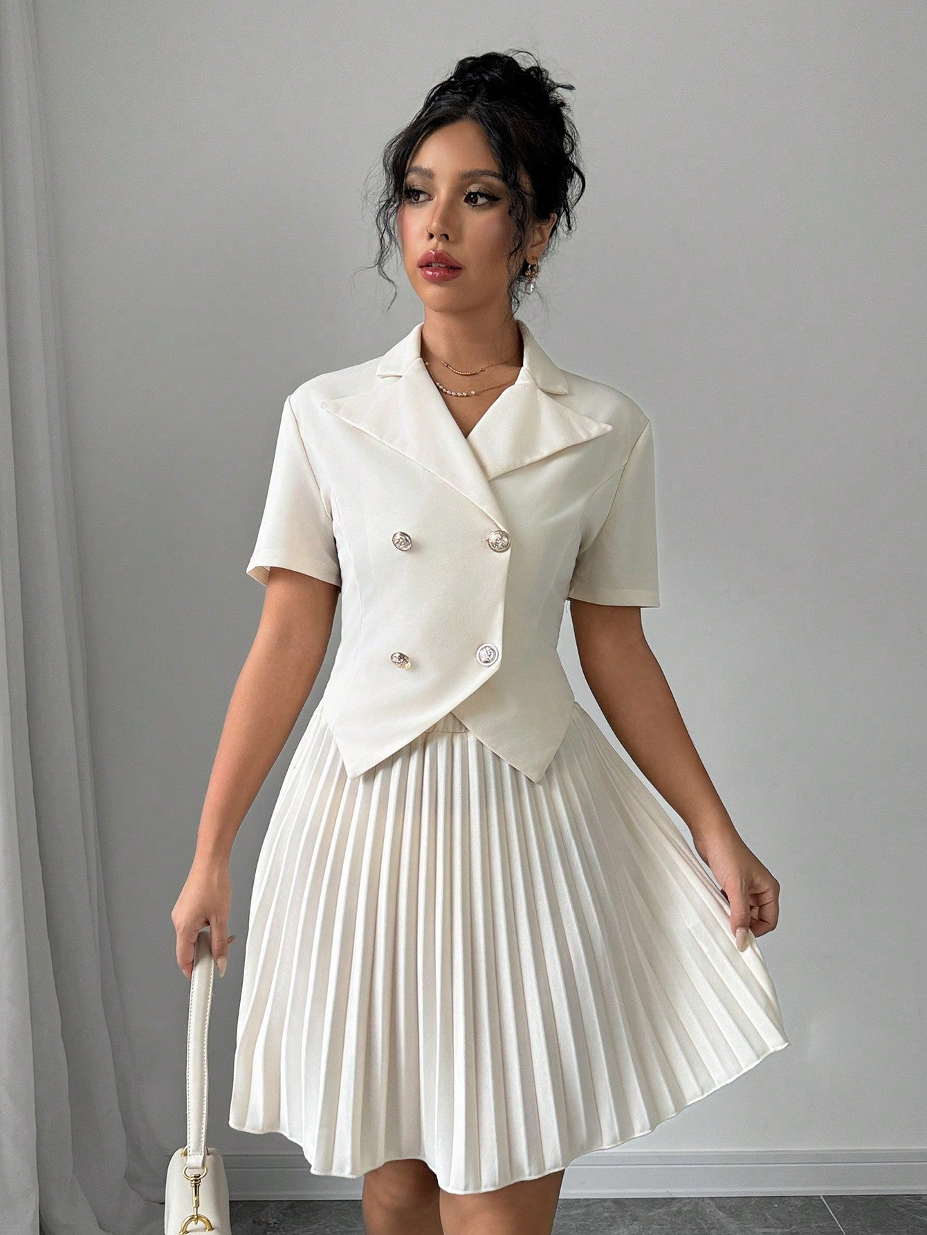 2pcs Women Elegant Solid Polo Collar Short Sleeve Double Breasted Top And Pleated Mini Skirt Set - Negative Apparel