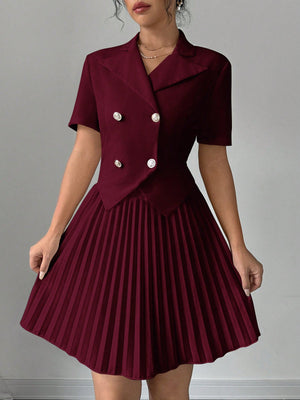 2pcs Women Elegant Solid Polo Collar Short Sleeve Double Breasted Top And Pleated Mini Skirt Set - Negative Apparel