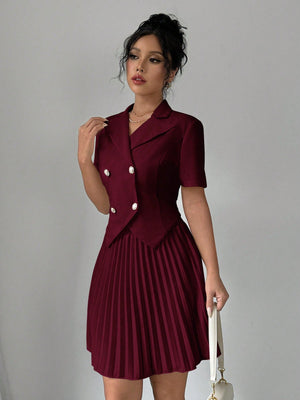 2pcs Women Elegant Solid Polo Collar Short Sleeve Double Breasted Top And Pleated Mini Skirt Set - Negative Apparel