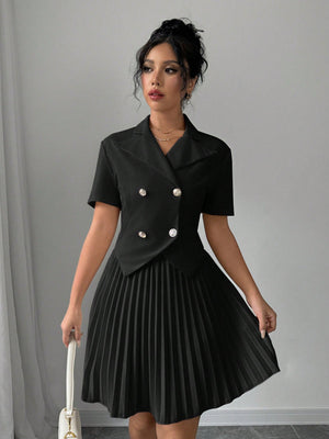 2pcs Women Elegant Solid Polo Collar Short Sleeve Double Breasted Top And Pleated Mini Skirt Set - Negative Apparel