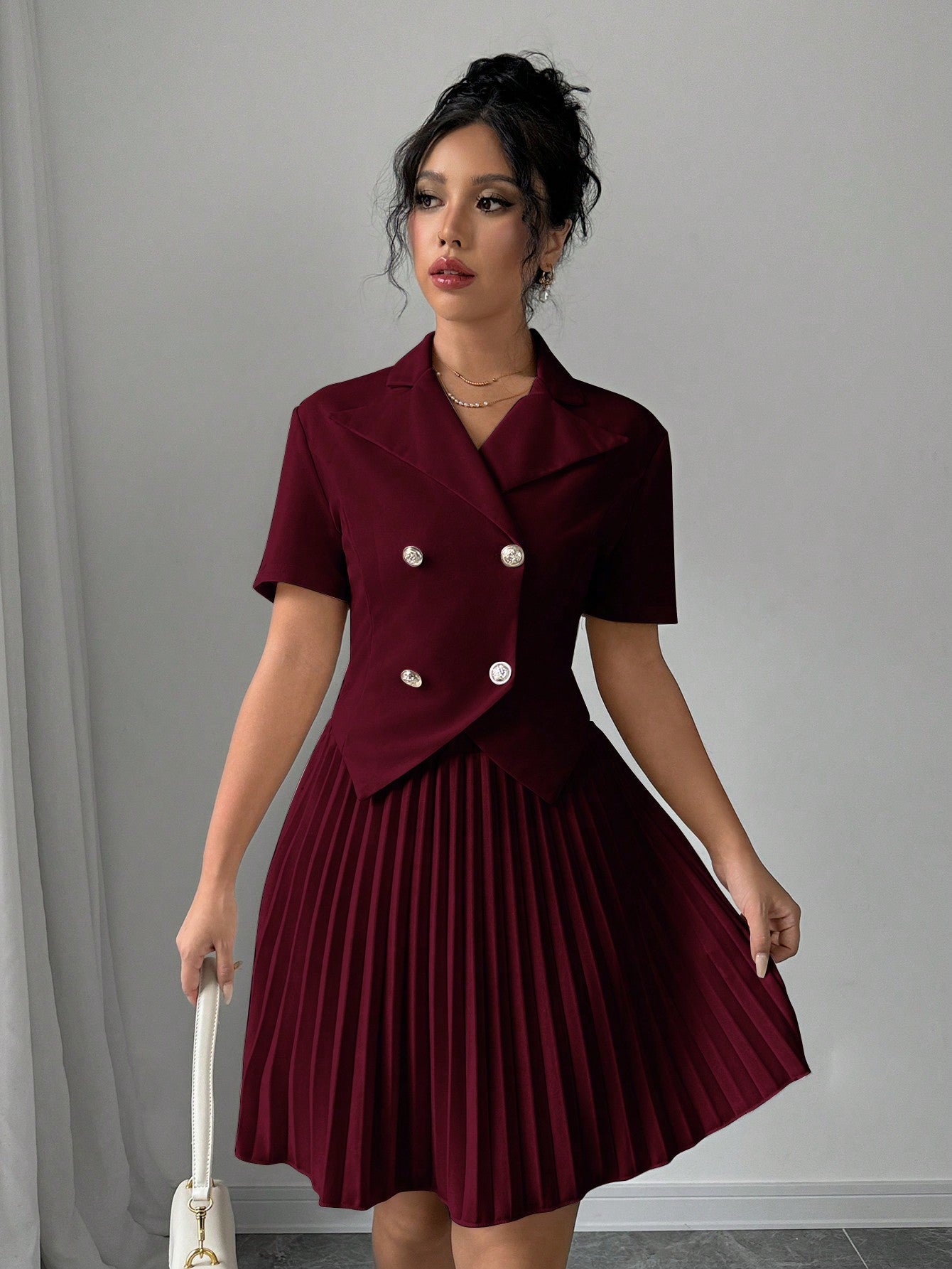 2pcs Women Elegant Solid Polo Collar Short Sleeve Double Breasted Top And Pleated Mini Skirt Set - Negative Apparel