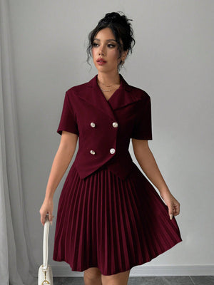 2pcs Women Elegant Solid Polo Collar Short Sleeve Double Breasted Top And Pleated Mini Skirt Set - Negative Apparel