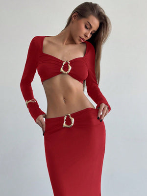 2pcs Women Metal Decor & Mermaid Tail Hem Skirt Set - Negative Apparel