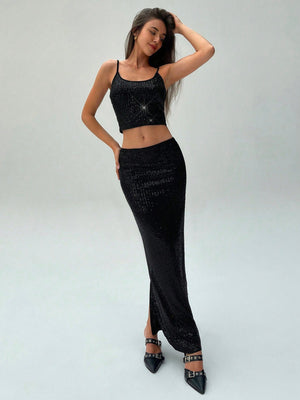 2pcs Women Sequin Camisole Top & Mini Skirt Party Outfit - Negative Apparel