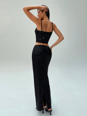 2pcs Women Sequin Camisole Top & Mini Skirt Party Outfit - Negative Apparel