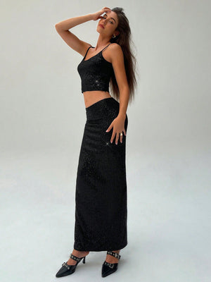 2pcs Women Sequin Camisole Top & Mini Skirt Party Outfit - Negative Apparel
