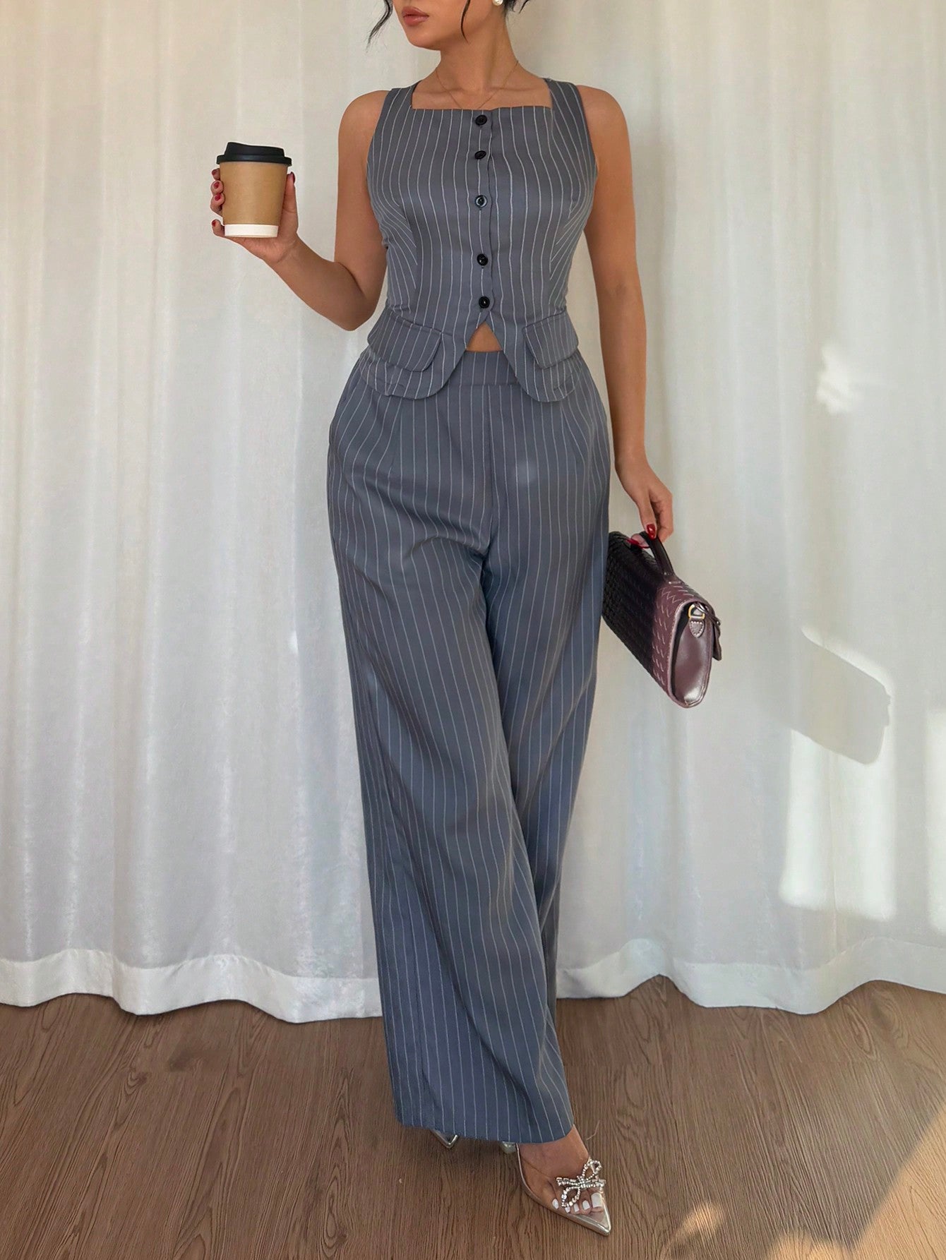 2pcs Women Set - Casual Striped Sleeveless Top And Long Pants - Negative Apparel