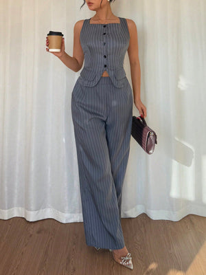 2pcs Women Set - Casual Striped Sleeveless Top And Long Pants - Negative Apparel