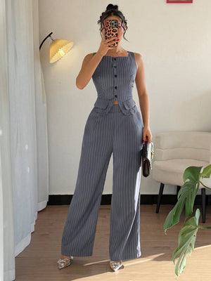 2pcs Women Set - Casual Striped Sleeveless Top And Long Pants - Negative Apparel