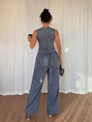 2pcs Women Set - Casual Striped Sleeveless Top And Long Pants - Negative Apparel