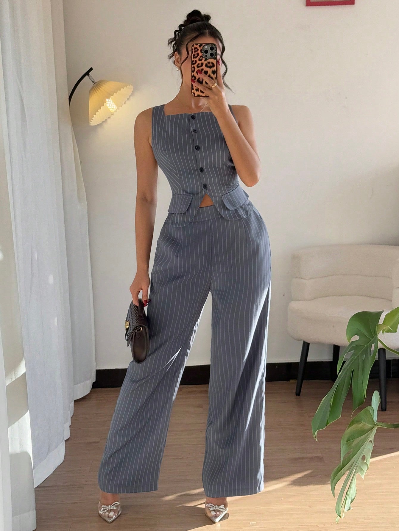 2pcs Women Set - Casual Striped Sleeveless Top And Long Pants - Negative Apparel