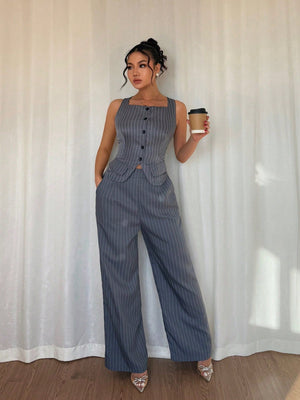 2pcs Women Set - Casual Striped Sleeveless Top And Long Pants - Negative Apparel