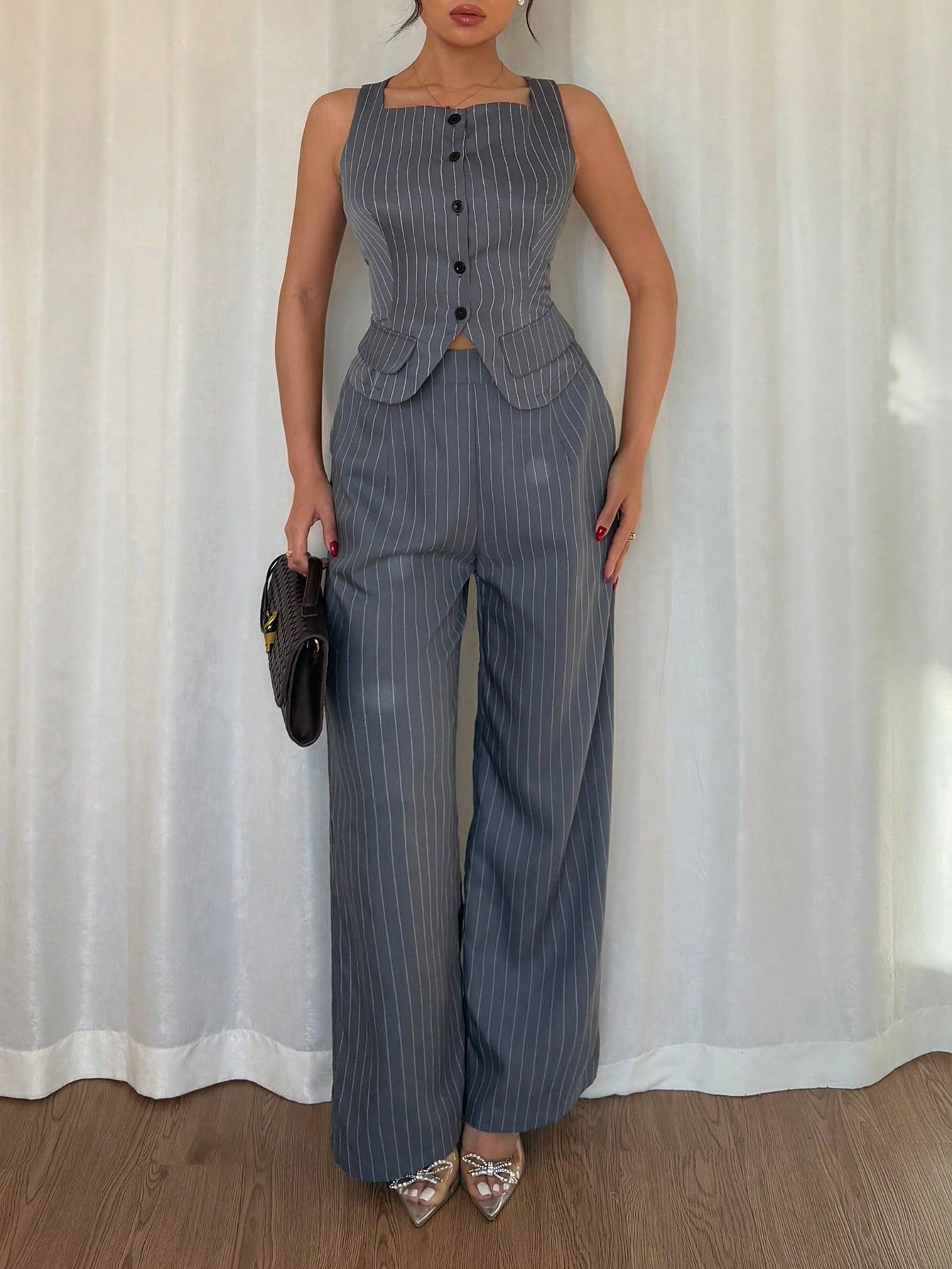 2pcs Women Set - Casual Striped Sleeveless Top And Long Pants - Negative Apparel