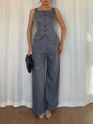 2pcs Women Set - Casual Striped Sleeveless Top And Long Pants - Negative Apparel