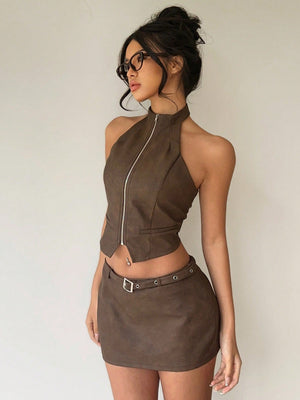 2pcs Women Solid Color Zipper Front Top And Mini Skirt 2 - Piece Set - Negative Apparel