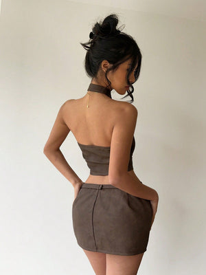 2pcs Women Solid Color Zipper Front Top And Mini Skirt 2 - Piece Set - Negative Apparel