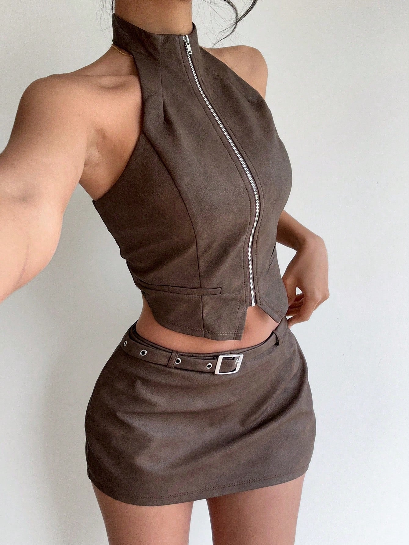 2pcs Women Solid Color Zipper Front Top And Mini Skirt 2 - Piece Set - Negative Apparel