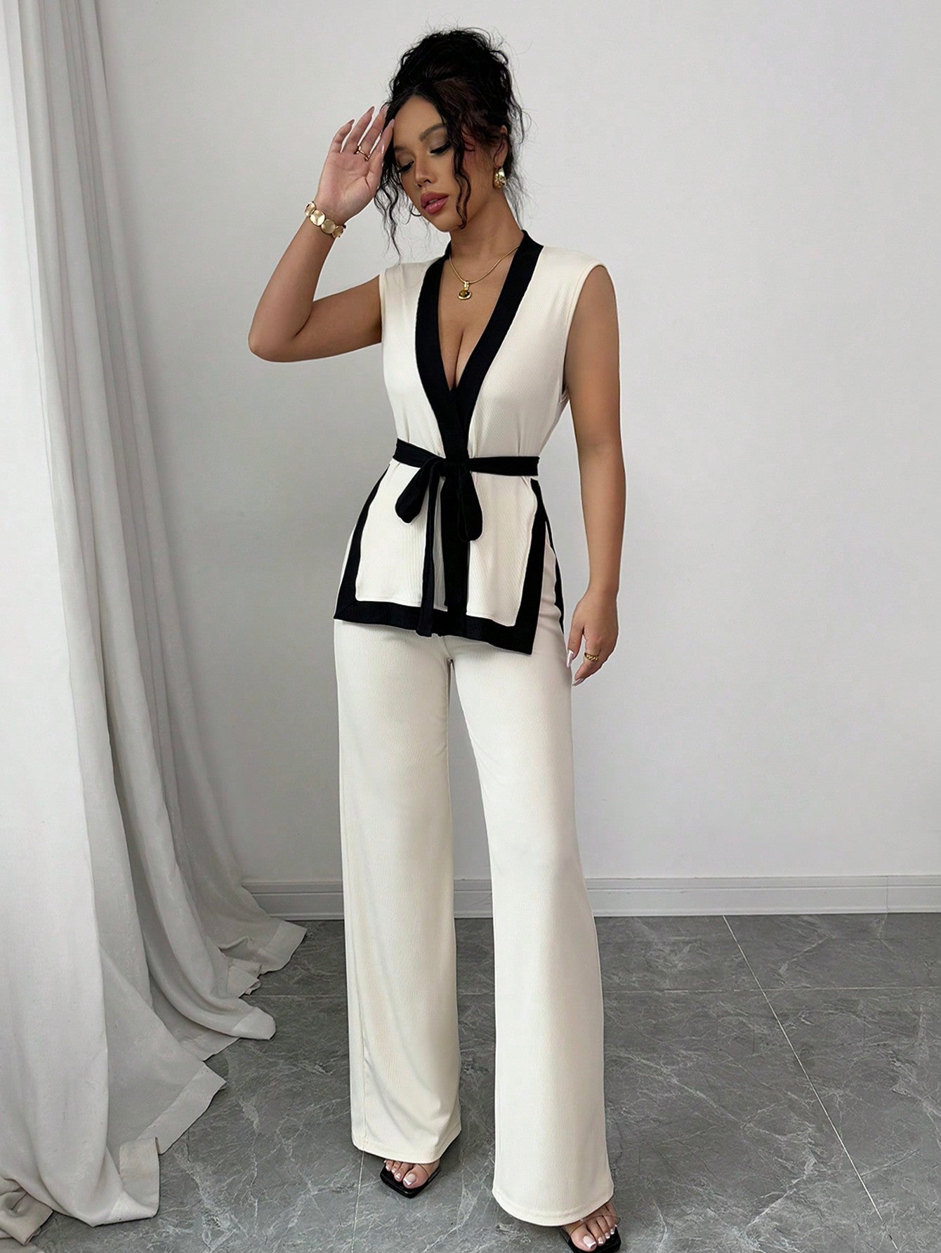 2pcs Women Spring/Summer French Elegant Color Blocking Sleeveless Cropped Top & Wide Leg Pants Set - Negative Apparel