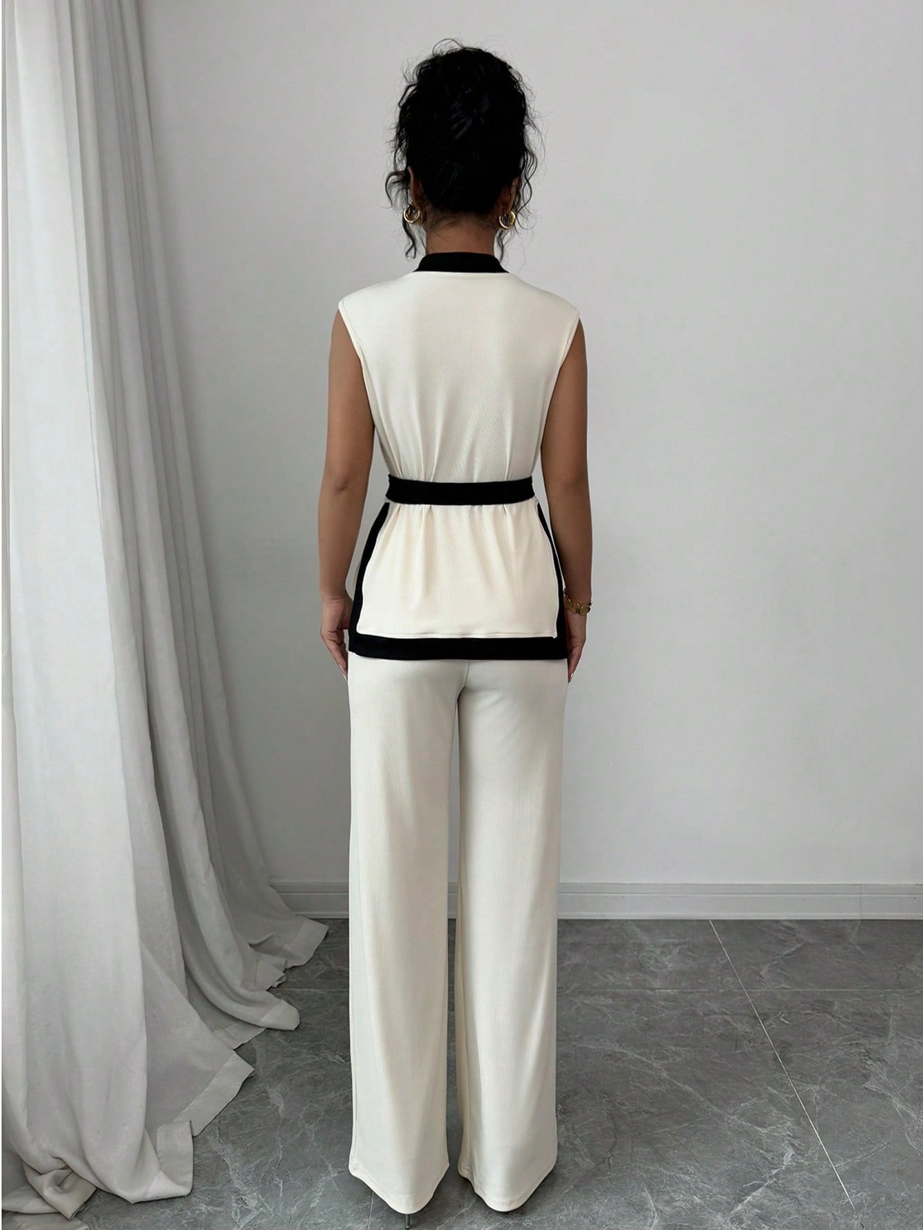 2pcs Women Spring/Summer French Elegant Color Blocking Sleeveless Cropped Top & Wide Leg Pants Set - Negative Apparel