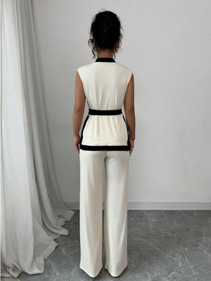 2pcs Women Spring/Summer French Elegant Color Blocking Sleeveless Cropped Top & Wide Leg Pants Set - Negative Apparel