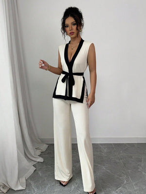 2pcs Women Spring/Summer French Elegant Color Blocking Sleeveless Cropped Top & Wide Leg Pants Set - Negative Apparel