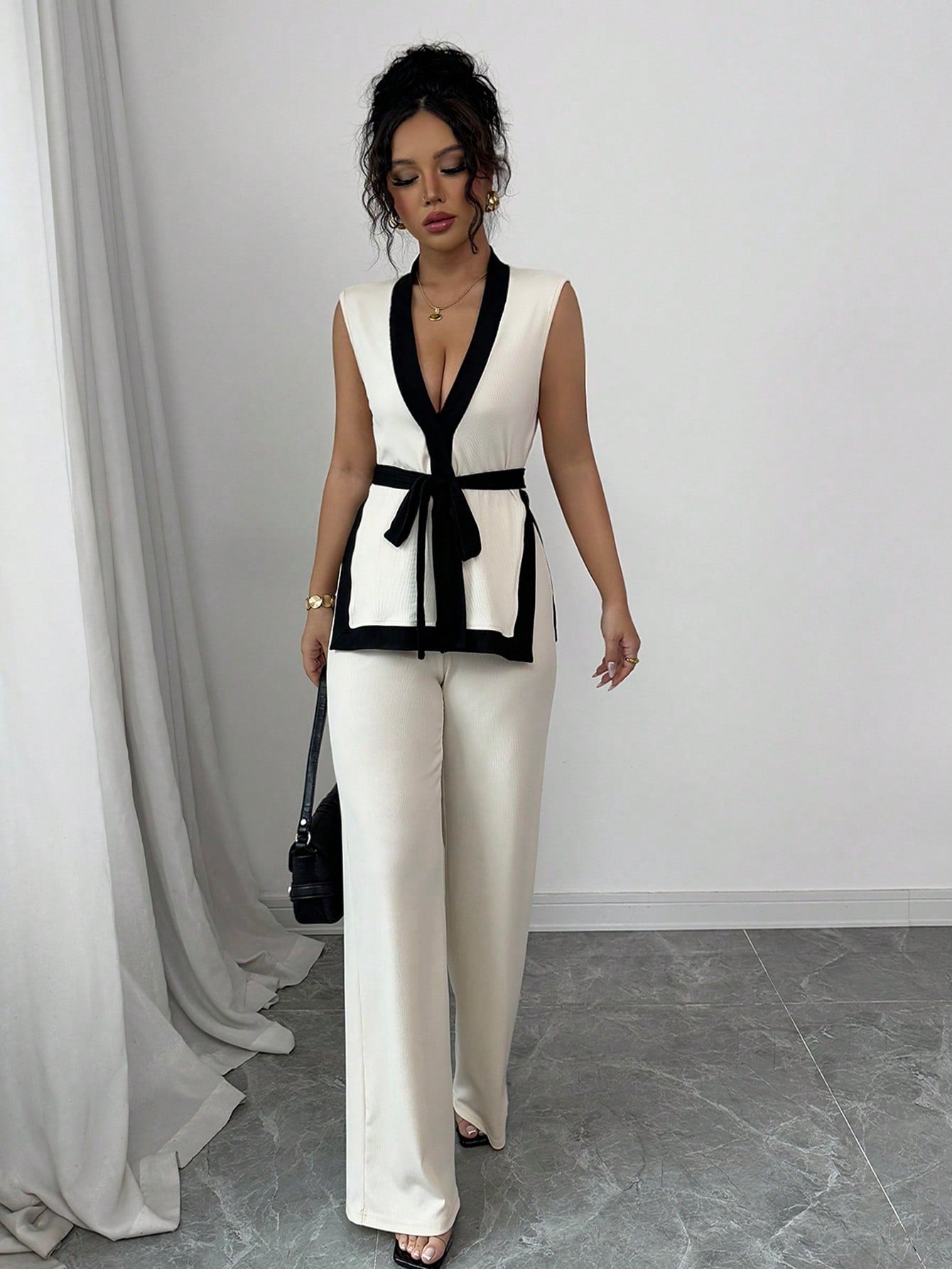 2pcs Women Spring/Summer French Elegant Color Blocking Sleeveless Cropped Top & Wide Leg Pants Set - Negative Apparel