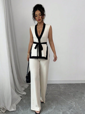 2pcs Women Spring/Summer French Elegant Color Blocking Sleeveless Cropped Top & Wide Leg Pants Set - Negative Apparel