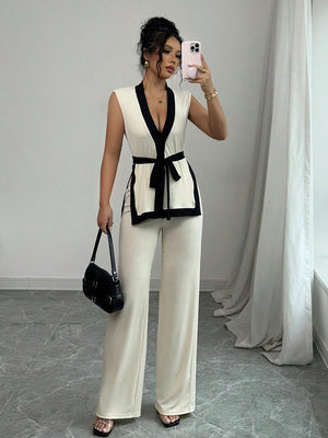 2pcs Women Spring/Summer French Elegant Color Blocking Sleeveless Cropped Top & Wide Leg Pants Set - Negative Apparel