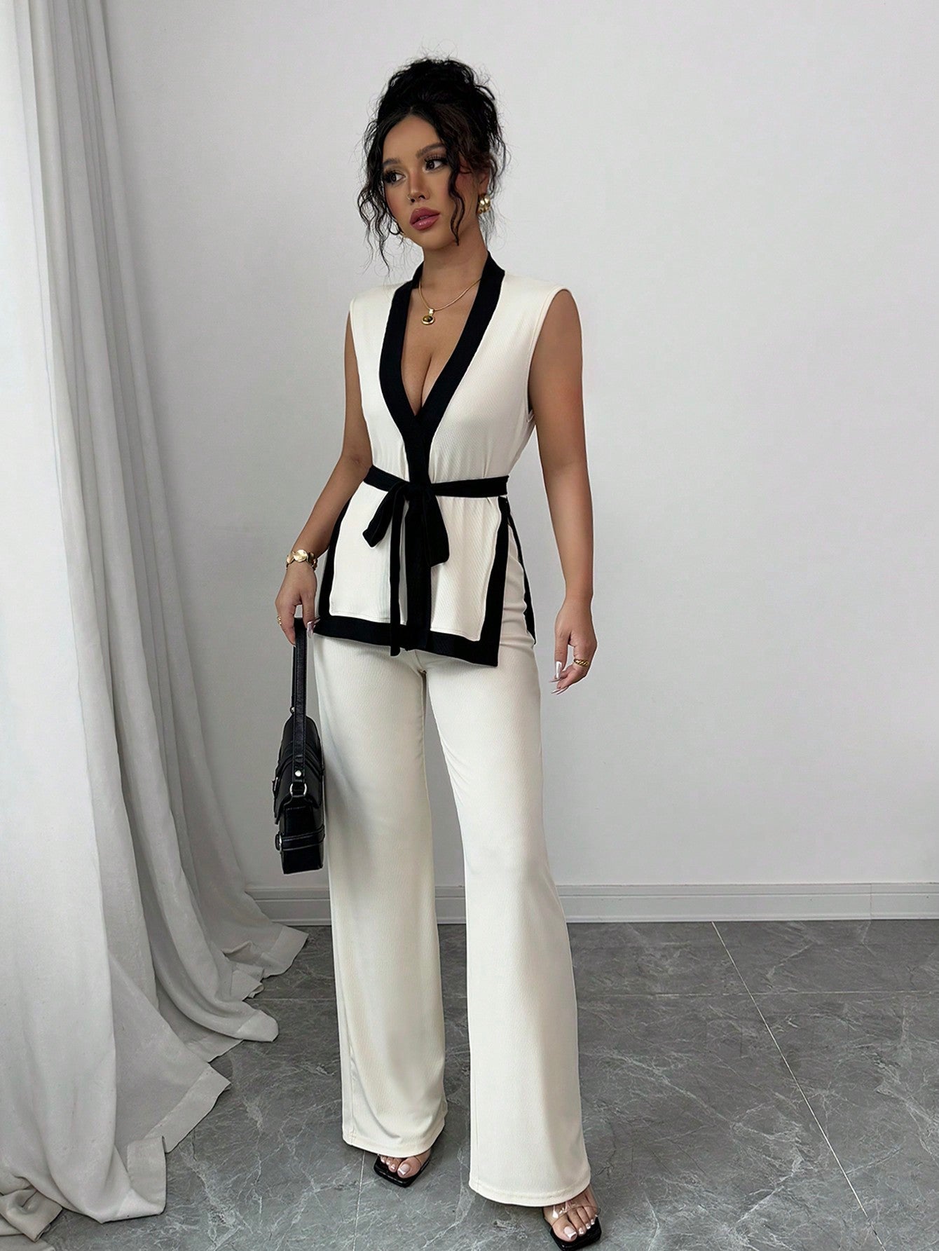 2pcs Women Spring/Summer French Elegant Color Blocking Sleeveless Cropped Top & Wide Leg Pants Set - Negative Apparel
