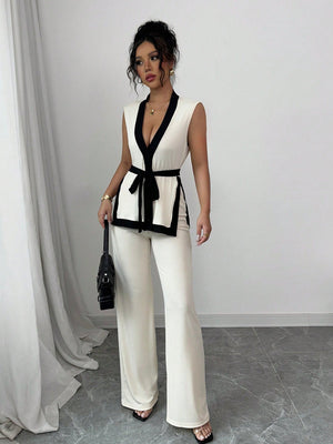 2pcs Women Spring/Summer French Elegant Color Blocking Sleeveless Cropped Top & Wide Leg Pants Set - Negative Apparel