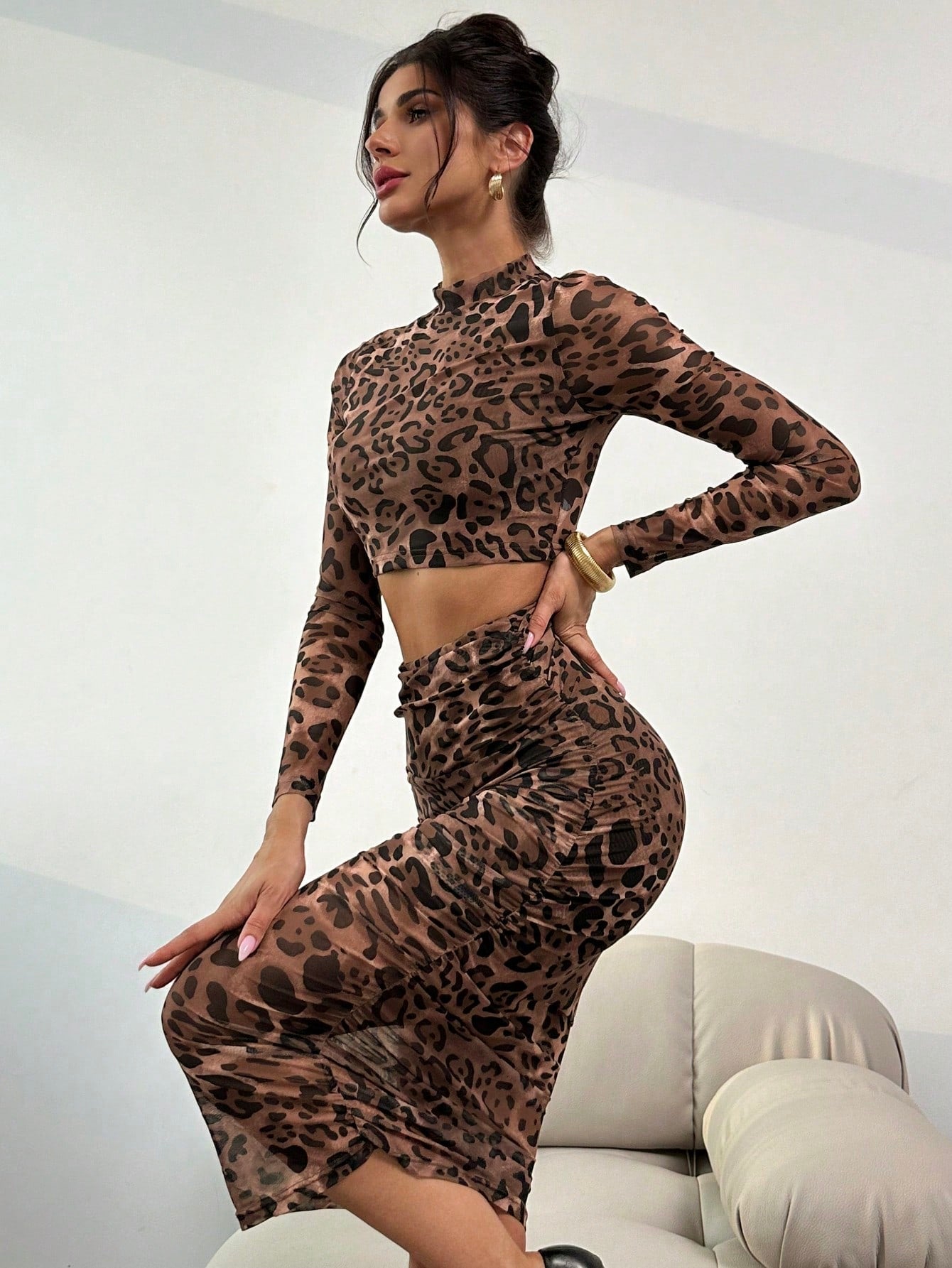 2pcs Women Summer Autumn Sexy Elegant Leopard Print Mesh Bodycon Long Sleeve Crop Top And High Waist Ruched Skirt Set - Negative Apparel