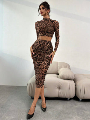 2pcs Women Summer Autumn Sexy Elegant Leopard Print Mesh Bodycon Long Sleeve Crop Top And High Waist Ruched Skirt Set - Negative Apparel