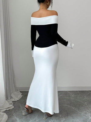 2pcs Women's Black And White Contrast Color Block Design Elegant Off Shoulder Long Sleeve Knit Sweater Top And Fitted Solid Color Mini Skirt Set, Spring/Autumn - Negative Apparel