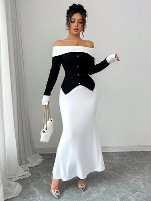 2pcs Women's Black And White Contrast Color Block Design Elegant Off Shoulder Long Sleeve Knit Sweater Top And Fitted Solid Color Mini Skirt Set, Spring/Autumn - Negative Apparel