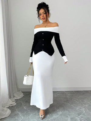 2pcs Women's Black And White Contrast Color Block Design Elegant Off Shoulder Long Sleeve Knit Sweater Top And Fitted Solid Color Mini Skirt Set, Spring/Autumn - Negative Apparel
