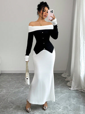 2pcs Women's Black And White Contrast Color Block Design Elegant Off Shoulder Long Sleeve Knit Sweater Top And Fitted Solid Color Mini Skirt Set, Spring/Autumn - Negative Apparel