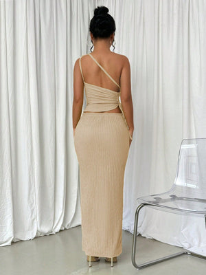 2pcs Women's Solid Color Drawstring Shoulder Top And Long Midi Skirt Set - Negative Apparel