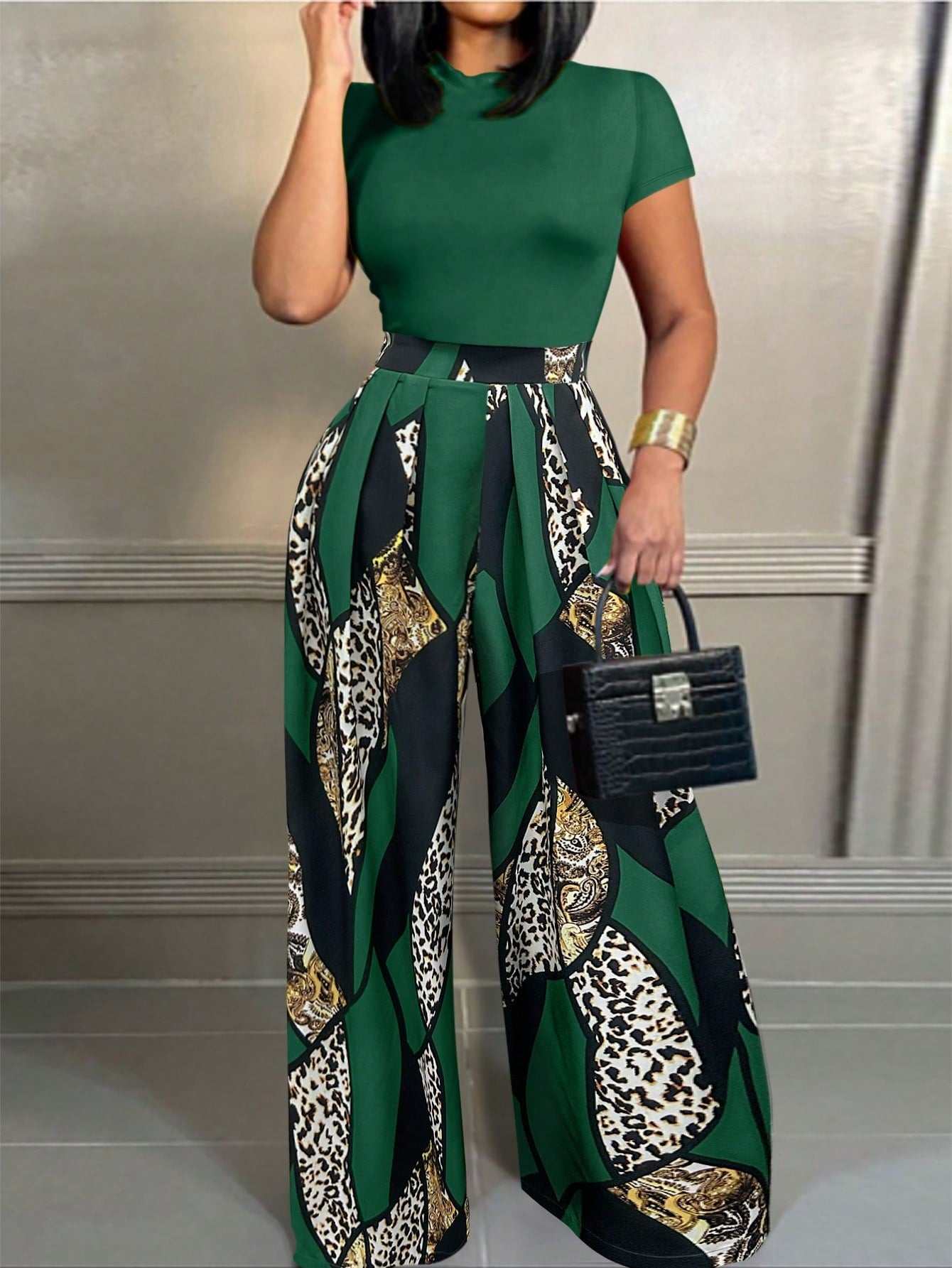 2pcs Women's Summer Yellow T-Shirt And Colorblock Wide Leg Pants Set - Negative Apparel